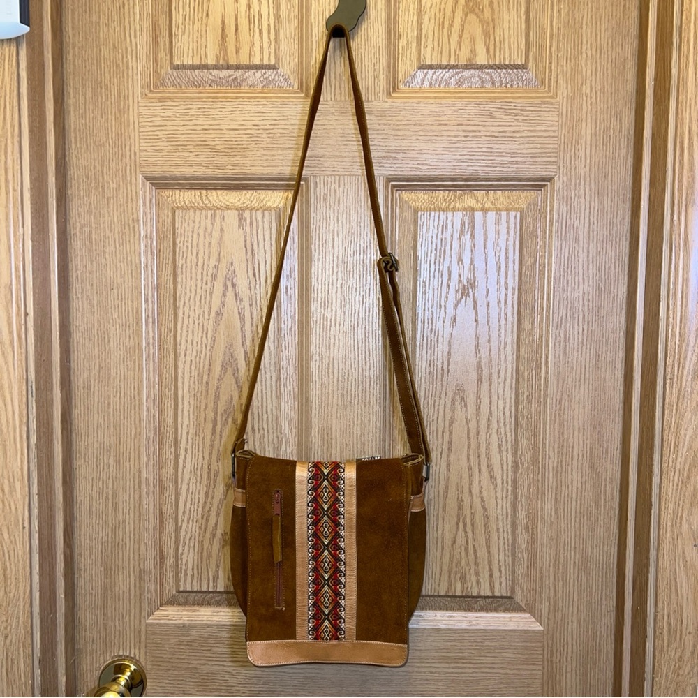 Ecuadorian Clothing Co. Rustic Suede Shoulder Bag with Embroidered Panel